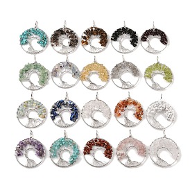 Gemstone Big Pendants, with Platinum Brass Findings, Long-Lasting Plated, Lead Free & Cadmium Free, Flat Round with Tree