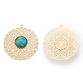 Brass Pendants, with Synthetic Turquoise, Flat Round