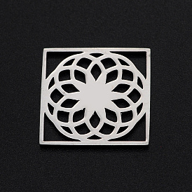 201 Stainless Steel Filigree Joiners Links, Laser Cut, Square with Flower of Life