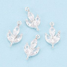 Подвески-соединители из латуни, прозрачные фианиты в виде листьев, без никеля 