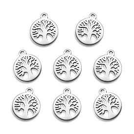 Vacuum Plating 304 Stainless Steel Charms, Laser Cut, Flat Round with Tree