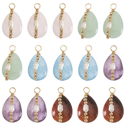 15 шт. 5 цвета подвески в форме слезы из натурального аметиста, брекчиевидной яшмы, зеленого авантюрина, розового кварца и аквамарина, обмотанной медной проволокой, с натуральным культивированным пресноводным жемчугом