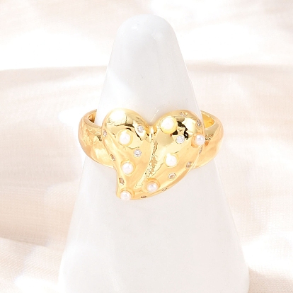 Регулируемые манжетные кольца с микропаве из кубического циркония из латуни, сердце, с абс пластмассовой имитационной жемчужиной, стойки покрытие, долговечный, без кадмия и без свинца