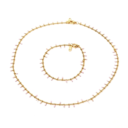 304 ensemble de colliers et de bracelets à chaîne gourmette en acier inoxydable émaillé, avec des pattes de chaîne, anneaux de saut et fermoirs à pince de homard, rose
