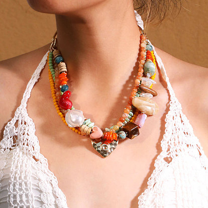 Многослойные ожерелья в форме сердца из богемной смолы, алюминия и бусин из дерева, изготовленные вручную, золотые