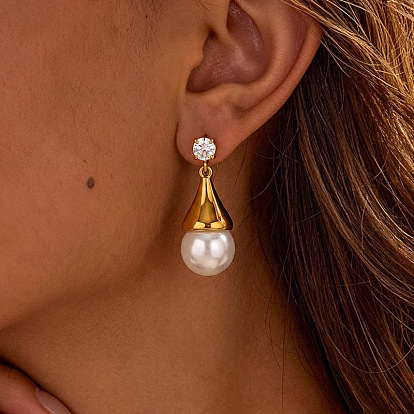 304 Stainless Steel Micro Pave Cubic Zirconia Stud Earrings, Plastic Imitation Pearl Teardrop Dangle Earrings