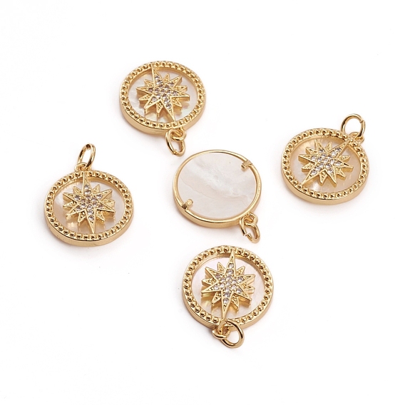 Латунные микропаве прозрачные подвески с фианитом, с оболочкой и кольцами для прыжков, плоские круглые со звездой