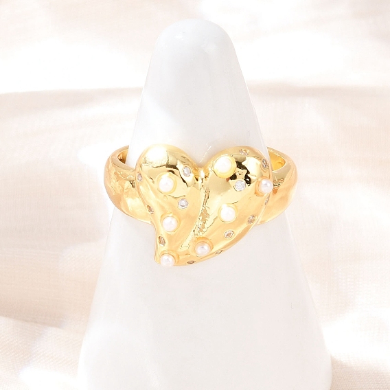 Регулируемые манжетные кольца с микропаве из кубического циркония из латуни, сердце, с абс пластмассовой имитационной жемчужиной, стойки покрытие, долговечный, без кадмия и без свинца