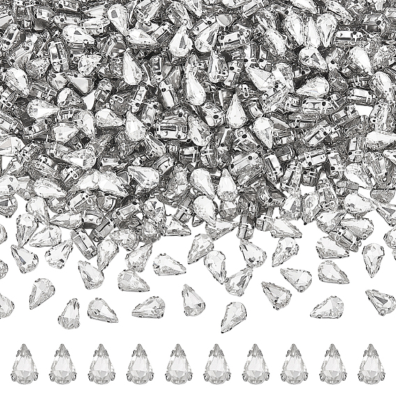 300 шт. каплевидных пришивных стразов, стекло горный хрусталь, 4 звенья с отверстиями, с оправой из нержавеющей стали, аксессуары для одежды