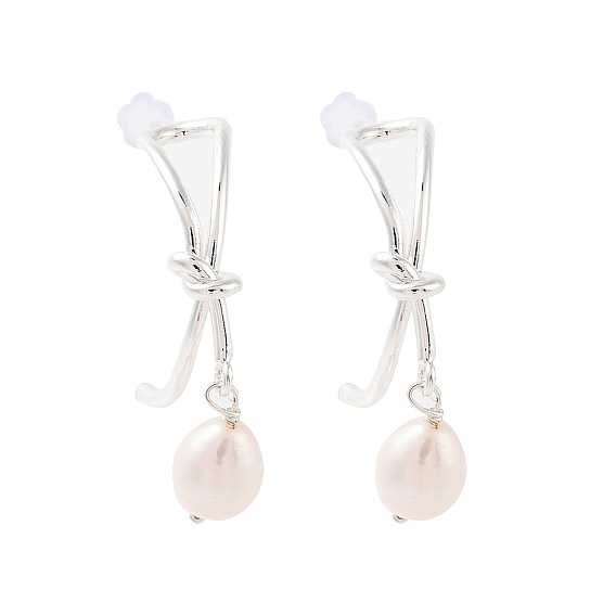 Natural Pearl Ear Studs, with Brass Findings and 925 Sterling Silver Pins, Round