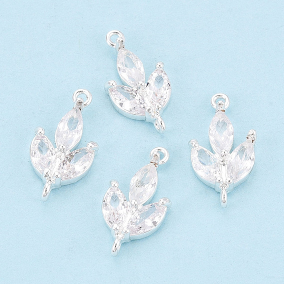 Подвески-соединители из латуни, прозрачные фианиты в виде листьев, без никеля 