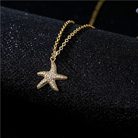 Cute Starfish Pendant Necklace for Women, 18K Gold Plated Copper with Micro Inlaid Zircon Jewelry
