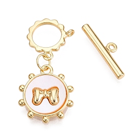 Brass Toggle Clasps, with Shell, Flat Round with Bowknot