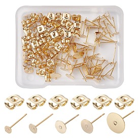 50Pcs 5 Size 304 Stainless Steel Stud Earring Findings, Flat Round Earring Settings, with 50Pcs Ear Nuts