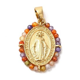 Rack Plating Brass Micro Pave Colorful Cubic Zirconia Pendants, Long-Lasting Plated, Cadmium Free & Lead Free, Oval with Virgin Mary Pattern Charms