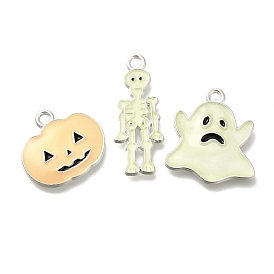 Halloween Theme Luminous  Alloy Enamel Pendants, Glow in the Dark, Platinum, Skeleton/Pumpkin/Ghost Charm