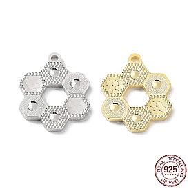 Rhodium Plated 925 Sterling Silver Pendants, Hexagon Flower Charm, Textured