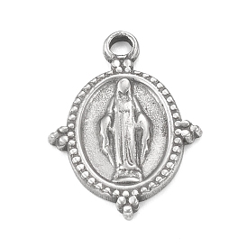 304 Stainless Steel Pendants, Oval with Virgin Mary Pattern Charm