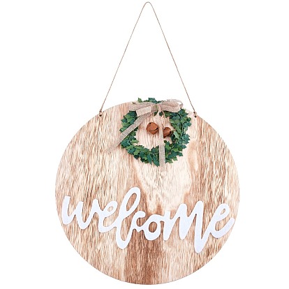 Wooden Pendant Decorations, Mediterranean Style, Flat Round with Welcome