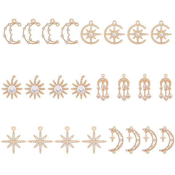 24 шт 6 стили латунные подвески из микропаве с фианитом, звезда и солнце и луна, долговечный, золотой свет