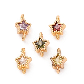 Brass Cubic Zirconia Star Connector Charms, Real 18K Gold Plated