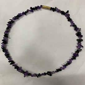 Colliers de perles d'obsidienne naturelle et d'améthyste aux éclats teints, avec fermoir à vis en acier inoxydable plaqué or