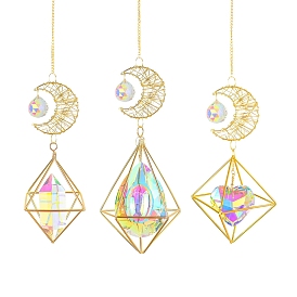 Glass Suncatchers, Golden Wire Wrap Moon & Diamond Hanging Ornaments Home Garden Decoration