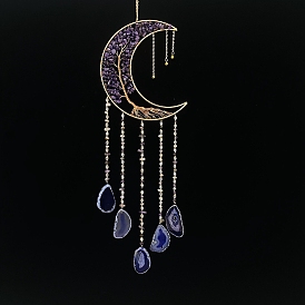 Décorations pendentif arbre de vie en copeaux d'améthyste naturelle, avec pompon en tranche d'agate naturelle, lune en métal