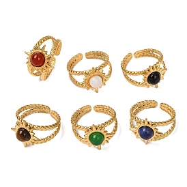 Round Natural Gemstone Finger Rings, Sun Golden Tone 304 Stainless Steel Cuff Rings for Women