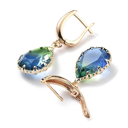 Light Gold Brass Micro Pave Cubic Zirconia Hoop Earrings, Glass Flower Drop Earrings