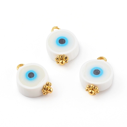 Handmade Polymer Clay Charms, with Golden Brass Loops, Flat Round with Evil Eye