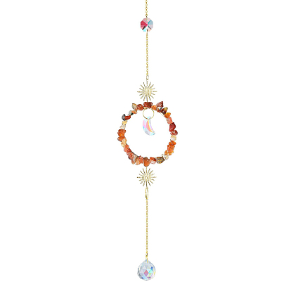 Gemstone Chip Hanging Suncatcher Pendant Decoration, Circle Ring Crystal Ceiling Chandelier Ball Prism Pendants, with Stainless Steel Findings
