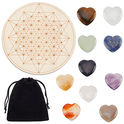 Home Decoration Sets, including 10Pcs Heart Gemstone Display Decorations and 1Pc Wooden Carved Cup Mats