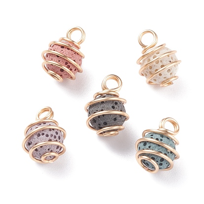 Unwaxed Natural Lava Rock Charms, with Light Gold Tone Brass wire Wrapped, for Perfume Essential, Dyed, Round
