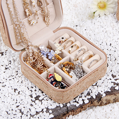 Portable Skull Printed Square Cork Wood Jewelry Packaging Zipper Box for Necklaces Earrings Storage