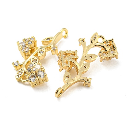 Brass Micro Pave Clear Cubic Zirconia Connector Charms, Rose & Leaf