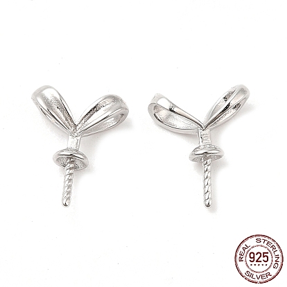 Rhodium Plated Rack Plating 925 Sterling Silver Rabbit Ear Peg Bails, Long-Lasting Plated, for Half Drilled Beads, with S925 Stamp