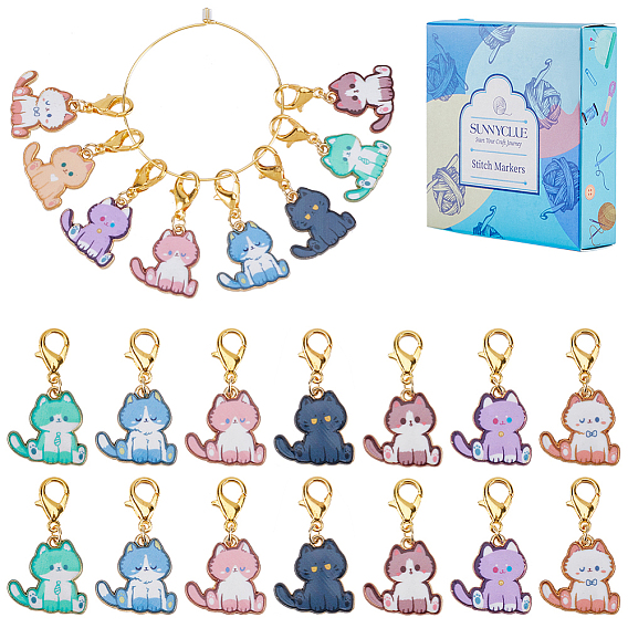 16шт 8 стиль кота форма сплава эмали подвеска маркеры стежков, подвески крючком с застежкой-лобстером
