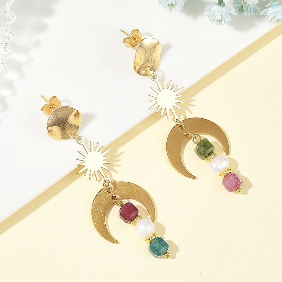 Natural Cultured Freshwater Pearl & Natural Multicolor Tourmaline Dangle Earrings, Moon with Sun, Brass & 201 Stainless Steel Stud Earrings for Women