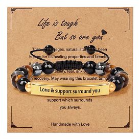 Natural Tiger Eye Braided Bead Bracelets, Adjustable Cord Bracelets Alloy Word Love & Support Surround You for Women