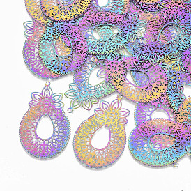 Ion Plating(IP) 201 Stainless Steel Filigree Pendants, Etched Metal Embellishments, Teardrop