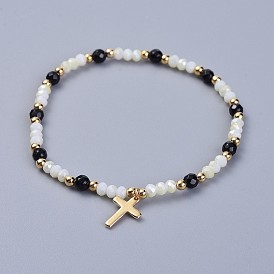 Electroplate Glass Beads Stretch Bracelets, with Natural Black Agate and Brass Finding, Cardboard Box, Cross
