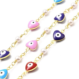 Handmade Eco-friendly Brass Enamel Heart with Evil Eye & Round Glass Link Chain, Real 18K Gold Plated, Lead Free & Cadmium Free, Soldered, with Spool