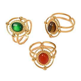 Oval Natural Gemstone Finger Rings, Golden Tone 304 Stainless Steel Open Cuff Rings for Women