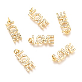 Brass Micro Pave Clear Cubic Zirconia Pendants, with Jump Rings, Word Love