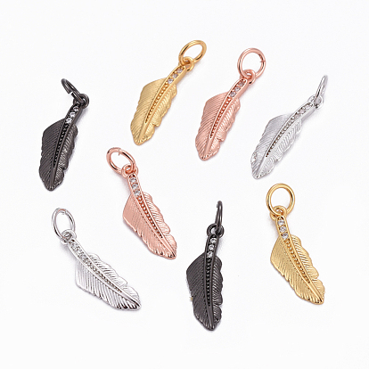 Brass Pendants, with Cubic Zirconia, Feather, Clear