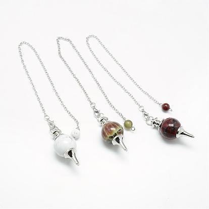 Gemstone Sphere Dowsing Pendulums, with Iron Cable Chains & Lobster Claw Clasps