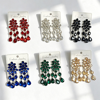 Alloy Rhinestone Flower Teardrop Stud Dangle Earrings for Women, Golden
