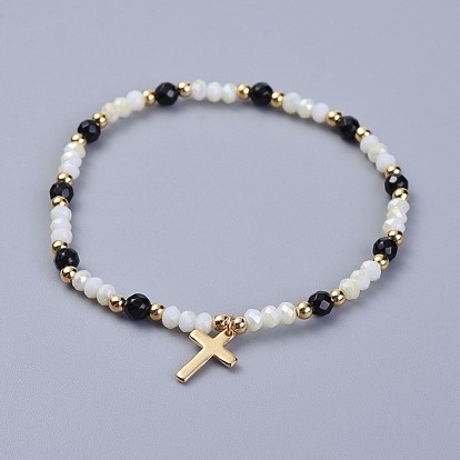 Electroplate Glass Beads Stretch Bracelets, with Natural Black Agate and Brass Finding, Cardboard Box, Cross