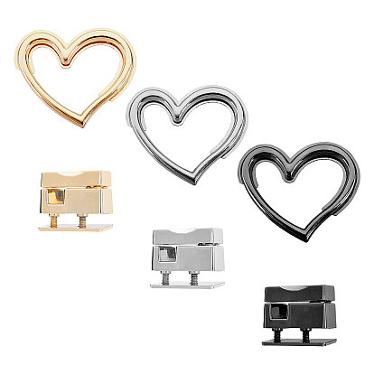 3 Sets 3 Colors Alloy Bag Twist Lock Clasps, Handbags Turn Lock, with Iron Shim and Screws, Heart